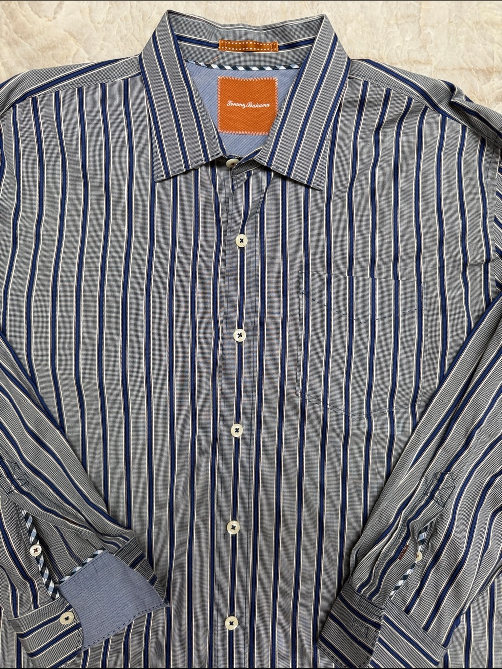 Tommy Bahama Men’s Navy and White Vertical Stripe Dress Shirt